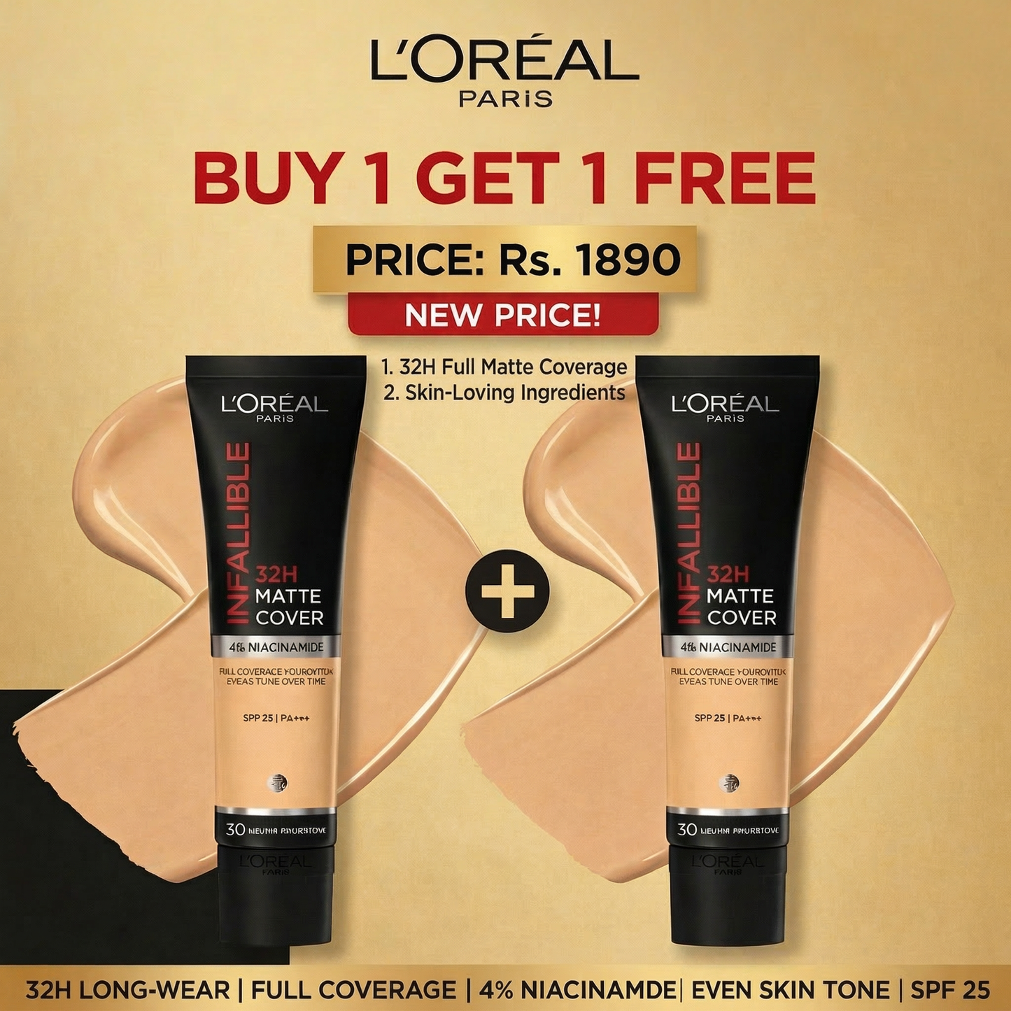 L'Oreal Paris Infallible 32H Matte Cover{Buy 1 get 1 FREE} Foundation with 4% Niacinamide